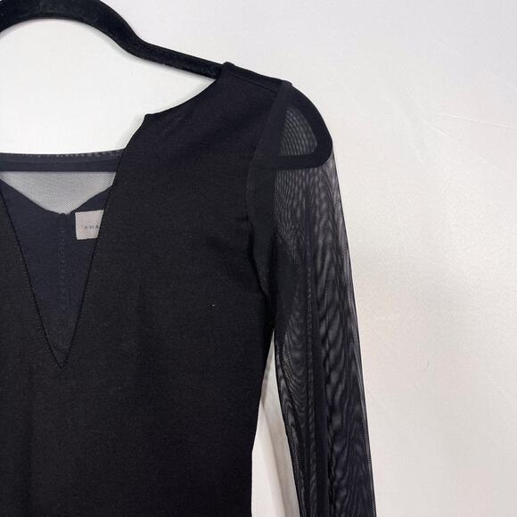 Amanda Uprichard Size P Black Mesh Peplum Long Sleeve Top Deep V Cut Out Stretch - Picture 5 of 14